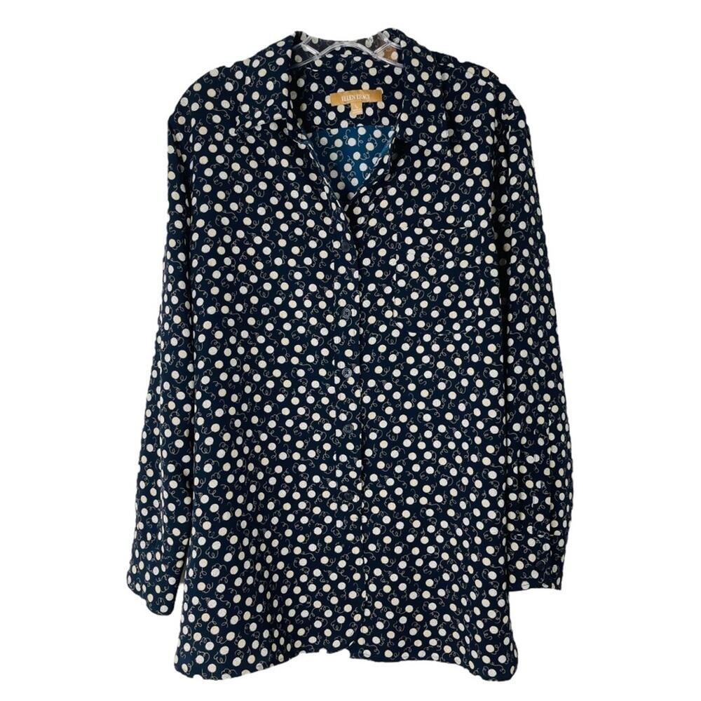 Ellen Tracy blue white dot preppy office button front top large